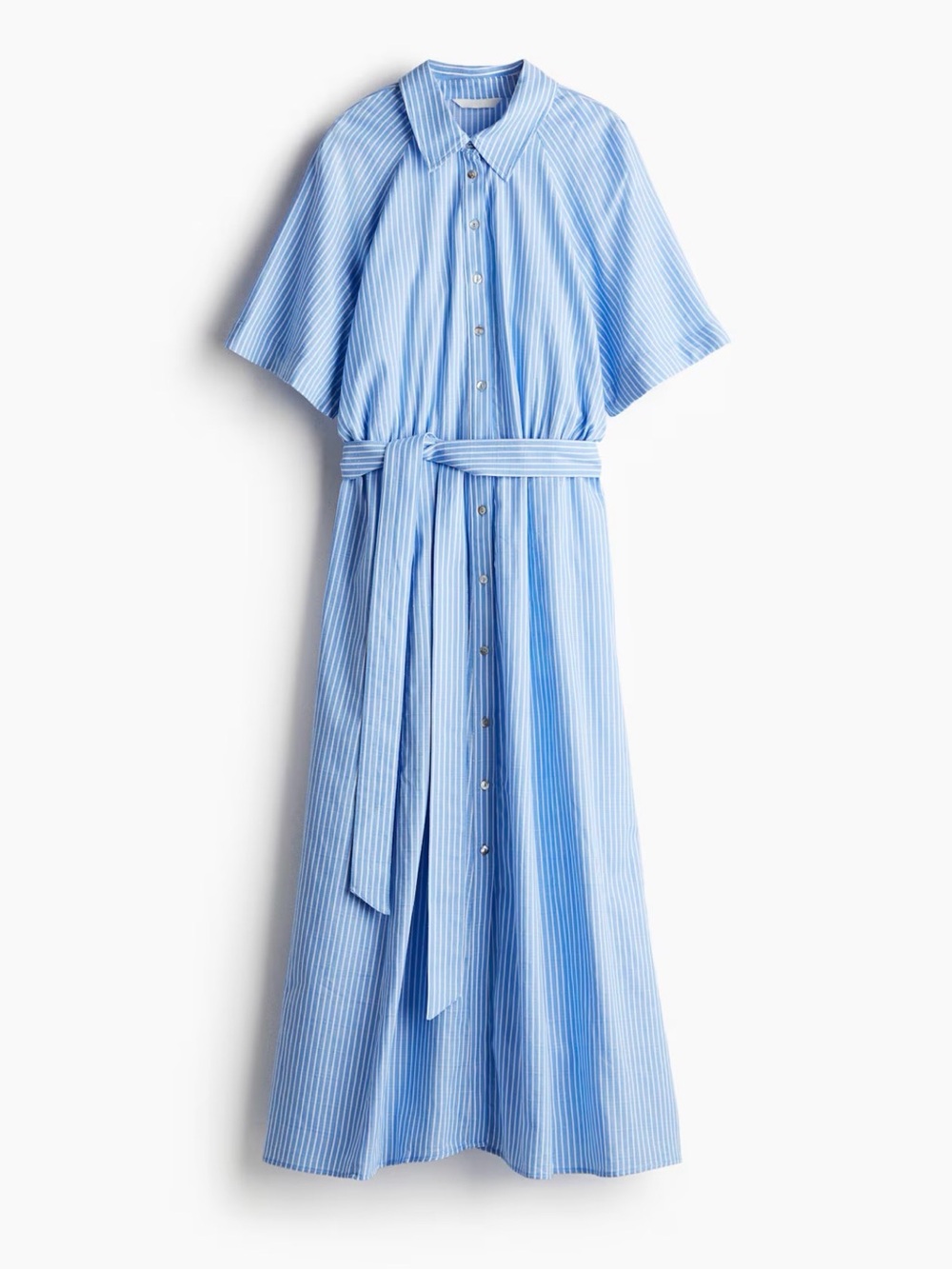 H&M Light Blue Striped Maxi Shirt Dress with Tie Belt